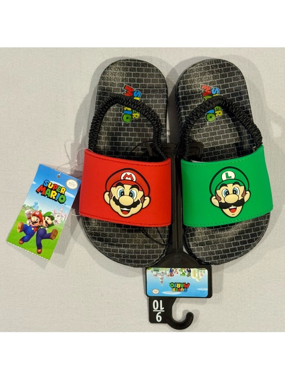New Super Mario Bros Sling Back Slides Boys 9-10 Luigi Summer Sandals Nintendo